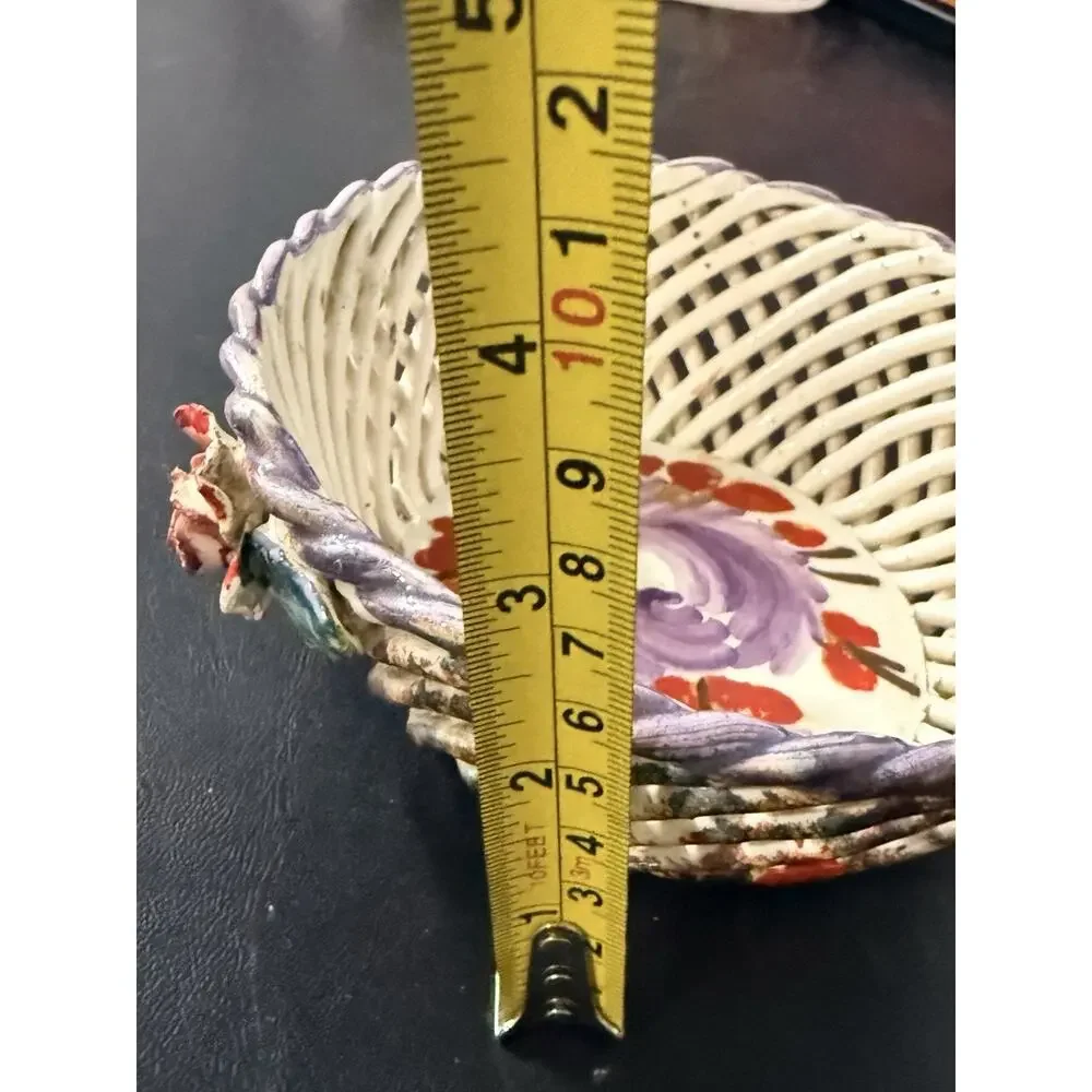 Vintage Spain HandPainted Openwork Pottery Basket Floral Rose Bowl Cottage Decor